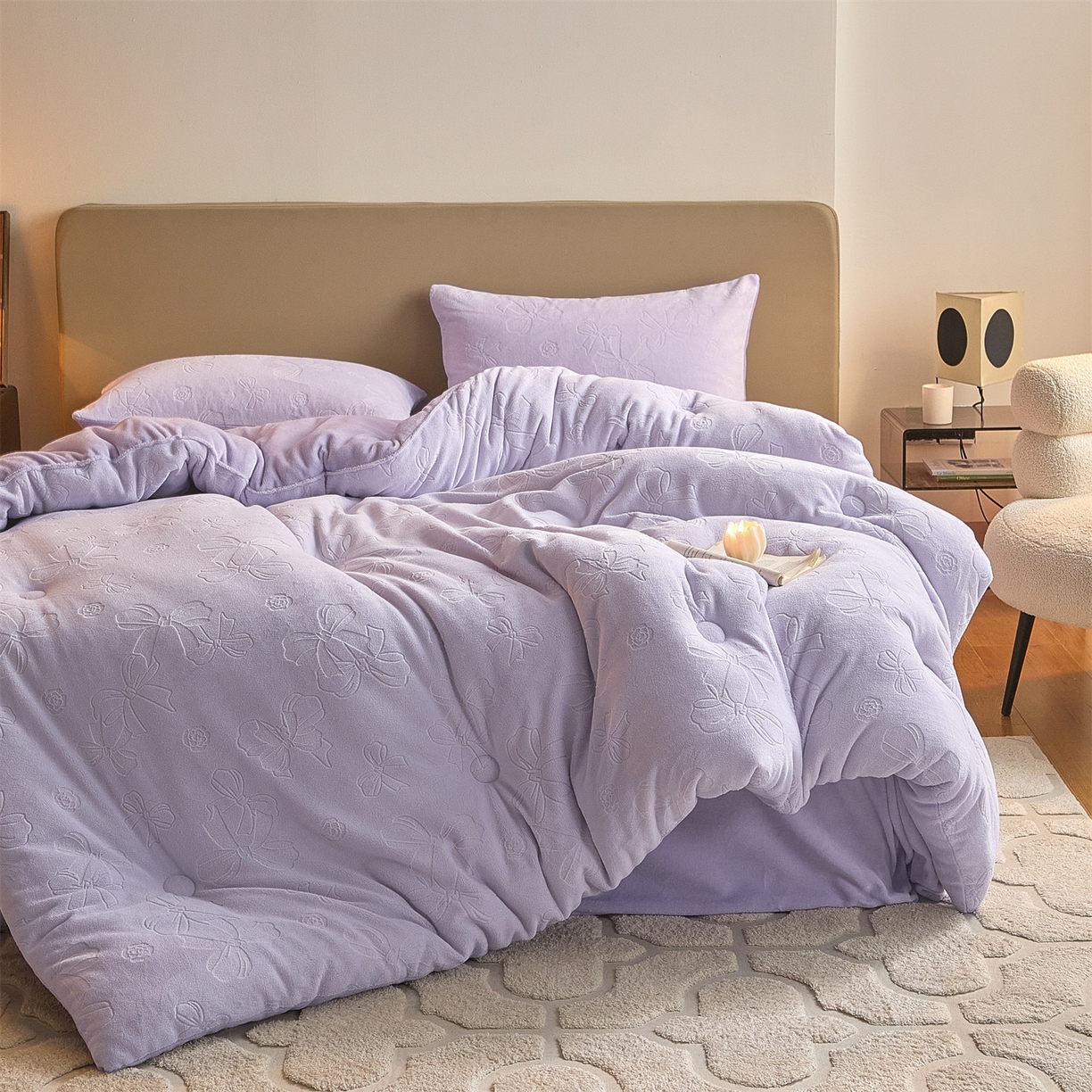 91家纺网 家纺一手货源 找家纺 换种生活 2025新款A类立体雕花绒冬被被子被芯 蝴蝶结-香芋紫