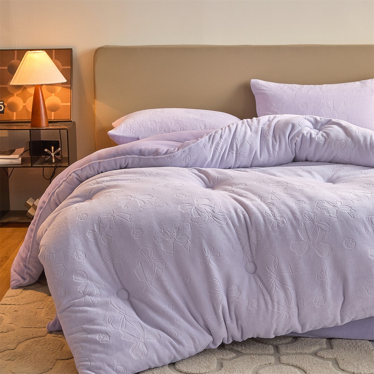 91家纺网 家纺一手货源 找家纺 换种生活 2025新款A类立体雕花绒冬被被子被芯 蝴蝶结-香芋紫