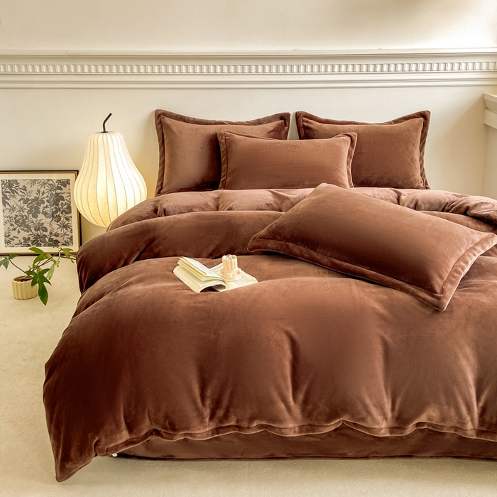 富馨莱 2025新款牛奶绒纯色双拼四件套 绒摩卡色