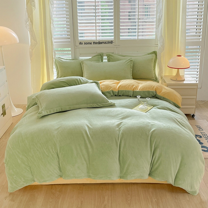 富馨莱 2025新款牛奶绒纯色双拼四件套 绒双拼果绿+奶昔黄