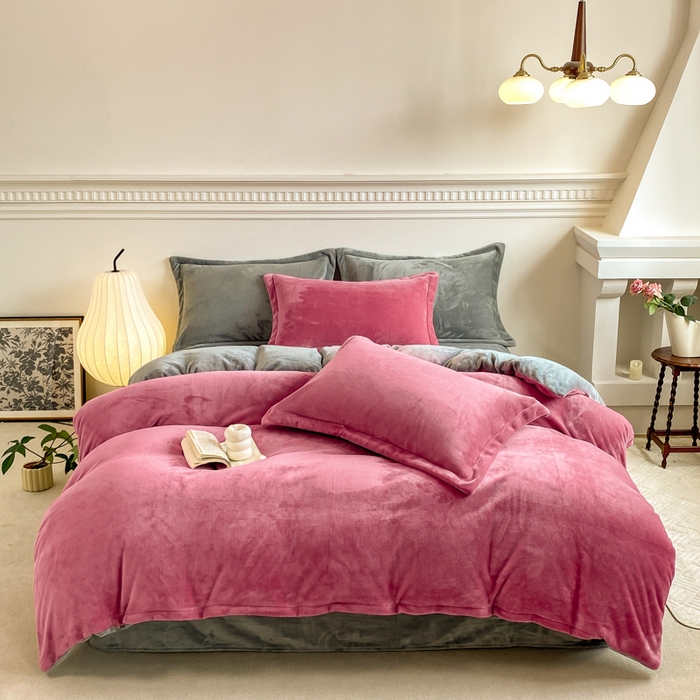 富馨莱 2025新款牛奶绒纯色双拼四件套 绒双拼胭脂红+浅灰