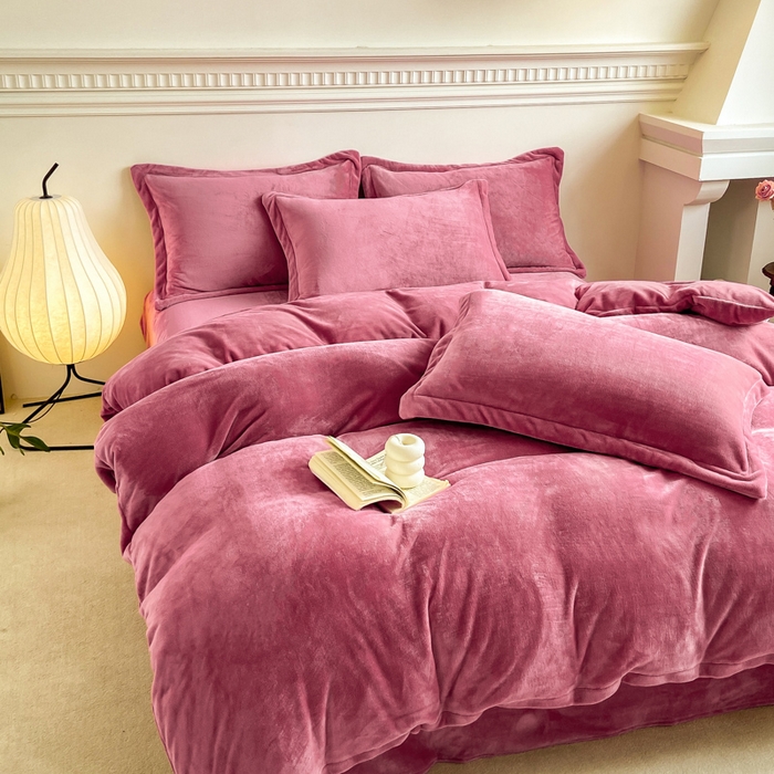 富馨莱 2025新款牛奶绒纯色双拼四件套 绒胭脂红