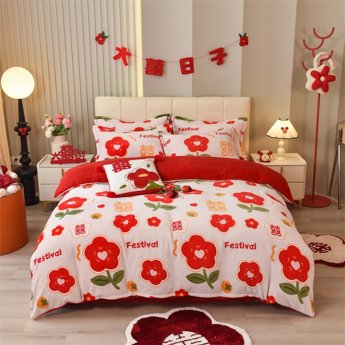 91家纺网 家纺一手货源 找家纺 （总）曲之慕 2025新款高克重牛奶绒简约婚庆四件套