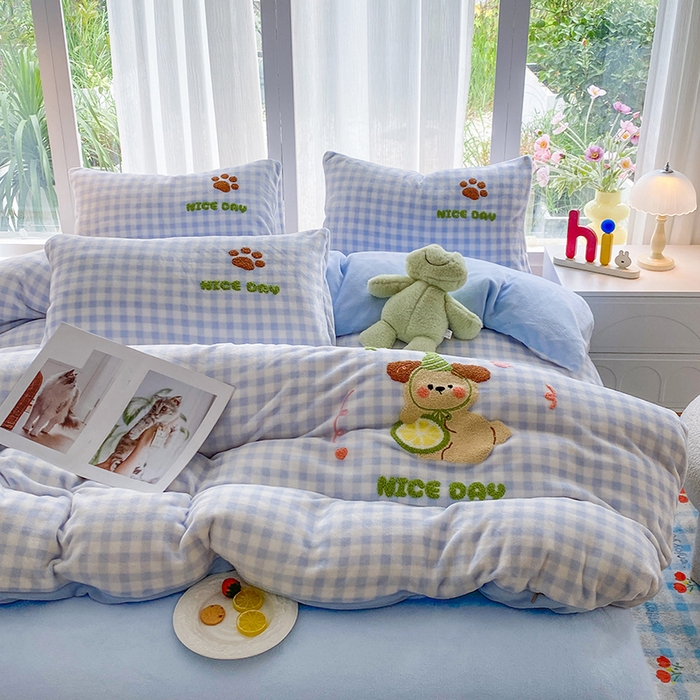 91家纺网 家纺一手货源 找家纺 茉礼 2025新款A类卡通加厚毛巾绣牛奶绒四件套 柠檬狗