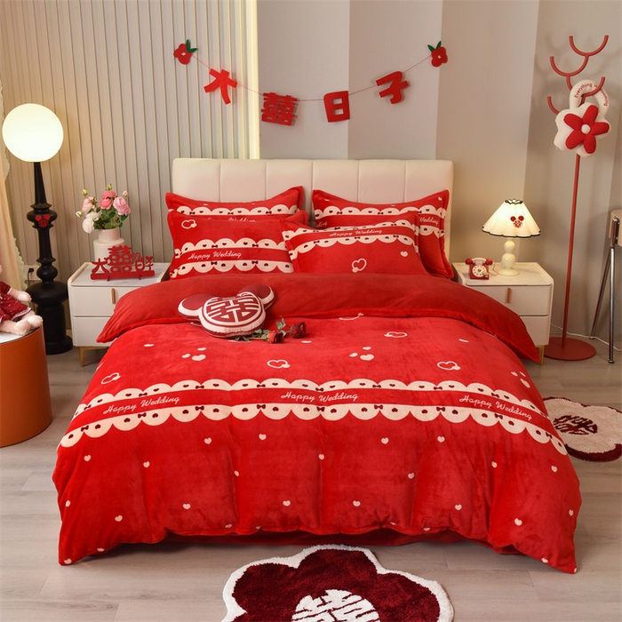 91家纺网 家纺一手货源 找家纺 （总）曲之慕 2025新款高克重牛奶绒简约婚庆四件套