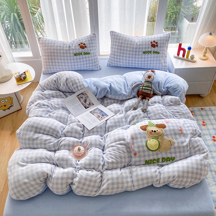 茉礼 2025新款A类卡通加厚毛巾绣牛奶绒四件套 柠檬狗