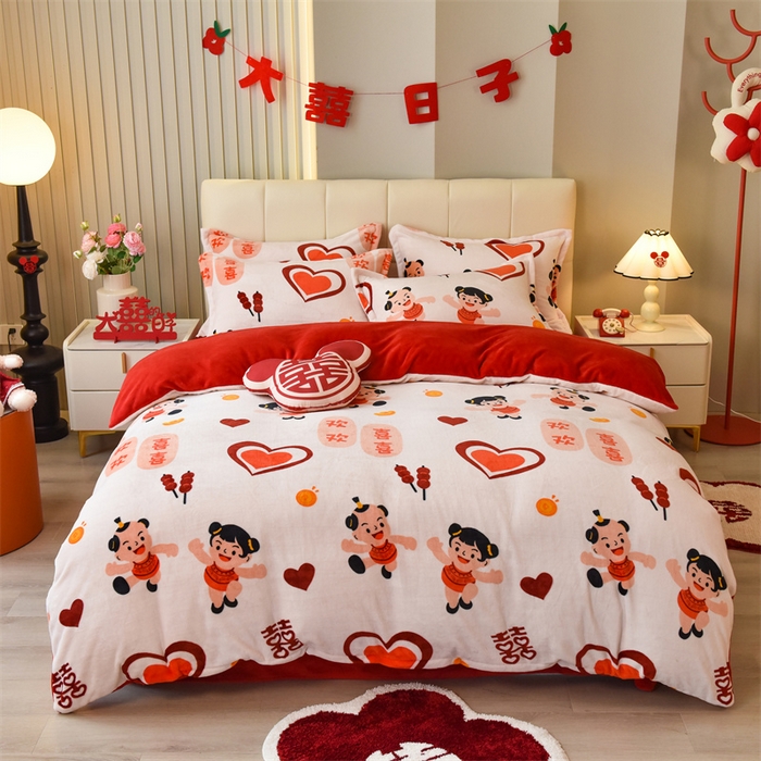 91家纺网 家纺一手货源 找家纺 （总）曲之慕 2025新款高克重牛奶绒简约婚庆四件套