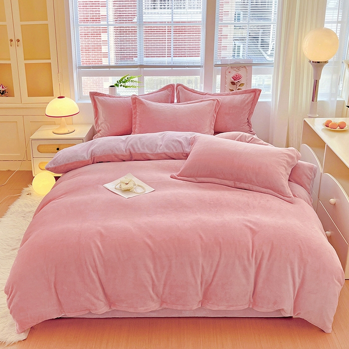 富馨莱 2025新款牛奶绒纯色双拼四件套 双拼蜜桃粉+糯紫