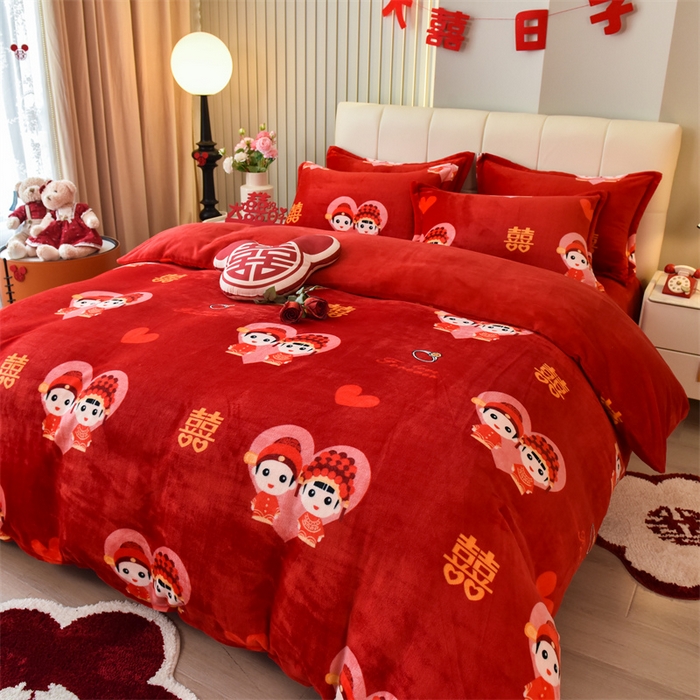 91家纺网 家纺一手货源 找家纺 曲之慕 2025新款高克重牛奶绒简约婚庆四件套 浪漫满屋