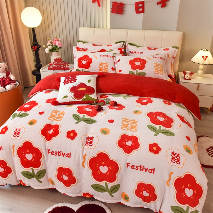 91家纺网 家纺一手货源 找家纺 曲之慕 2025新款高克重牛奶绒简约婚庆四件套 情定终生