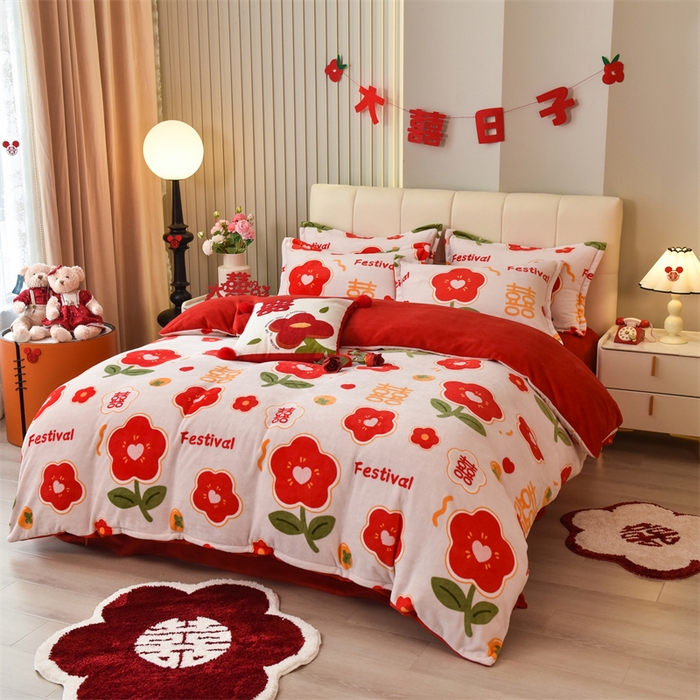 91家纺网 家纺一手货源 找家纺 曲之慕 2025新款高克重牛奶绒简约婚庆四件套 情定终生