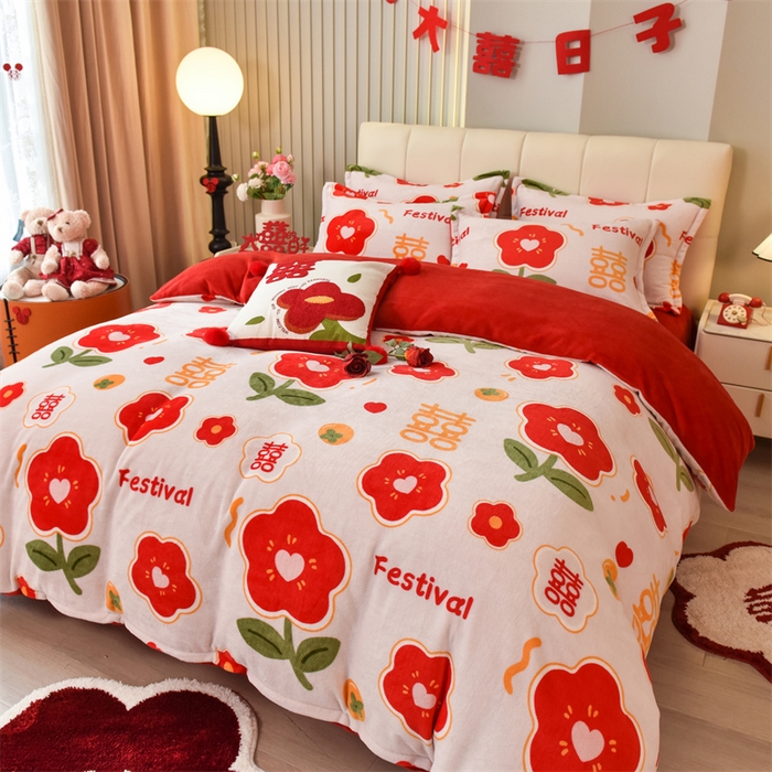 91家纺网 家纺一手货源 找家纺 曲之慕 2025新款高克重牛奶绒简约婚庆四件套 情定终生