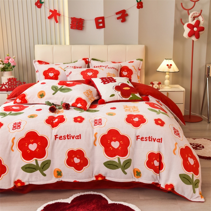 91家纺网 家纺一手货源 找家纺 曲之慕 2025新款高克重牛奶绒简约婚庆四件套 情定终生