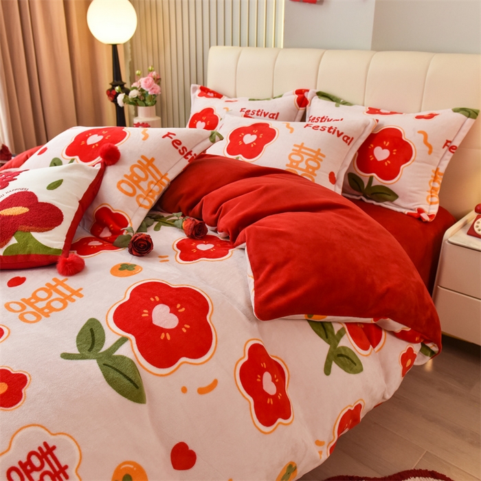 91家纺网 家纺一手货源 找家纺 曲之慕 2025新款高克重牛奶绒简约婚庆四件套 情定终生