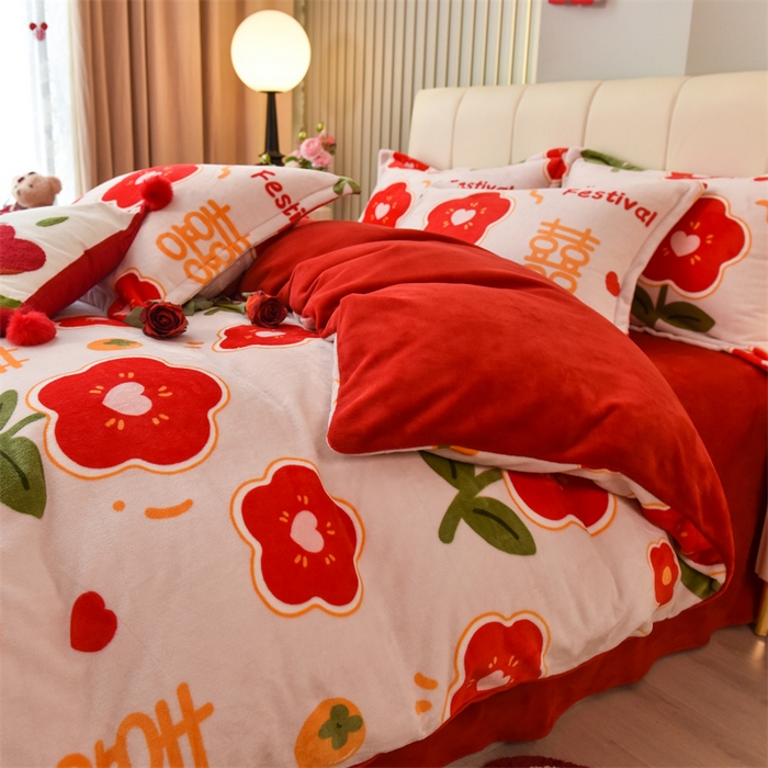 91家纺网 家纺一手货源 找家纺 曲之慕 2025新款高克重牛奶绒简约婚庆四件套 情定终生