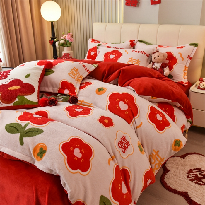 91家纺网 家纺一手货源 找家纺 曲之慕 2025新款高克重牛奶绒简约婚庆四件套 情定终生