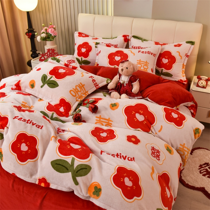 91家纺网 家纺一手货源 找家纺 曲之慕 2025新款高克重牛奶绒简约婚庆四件套 情定终生