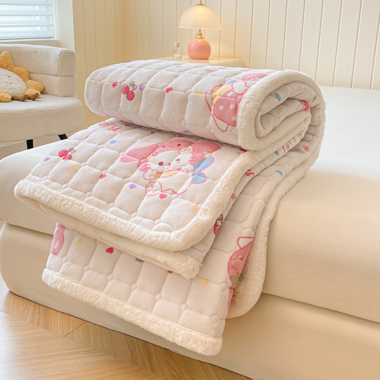 91家纺网 家纺一手货源 找家纺 LIFE.丽芙 2025秋冬新款A类牛奶绒加厚夹棉床褥垫+被套组合四件套 乖乖喵