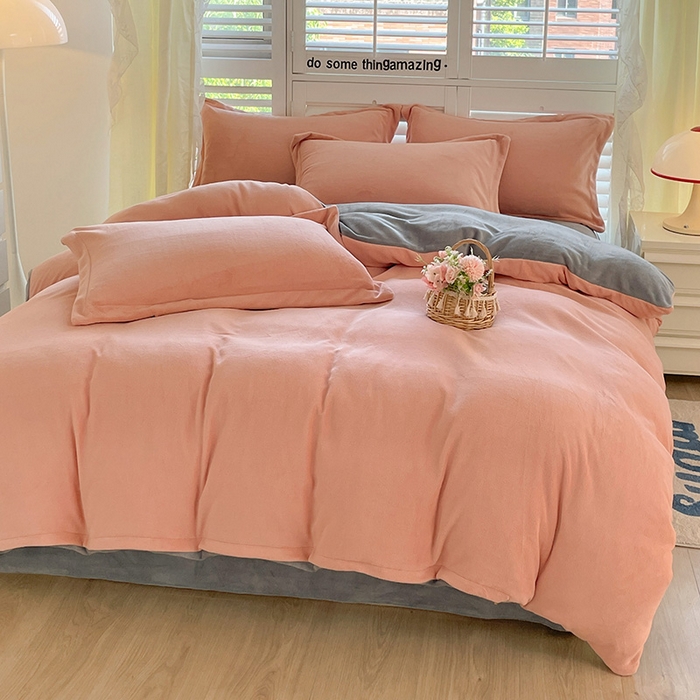 富馨莱 2025新款牛奶绒纯色双拼四件套 双拼奶油玉+绅士灰