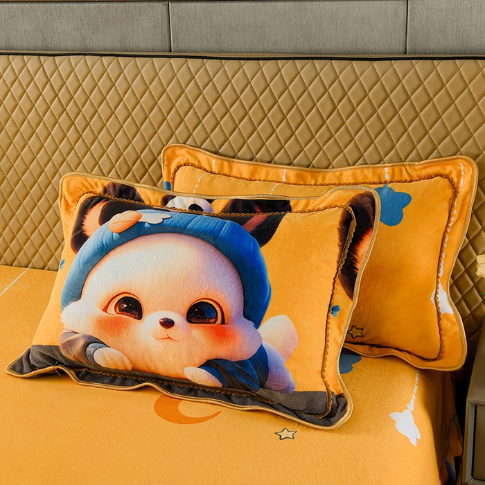 91家纺网 家纺一手货源 找家纺 牵依 2025新款牛奶绒小包边印花四件套 调皮狗