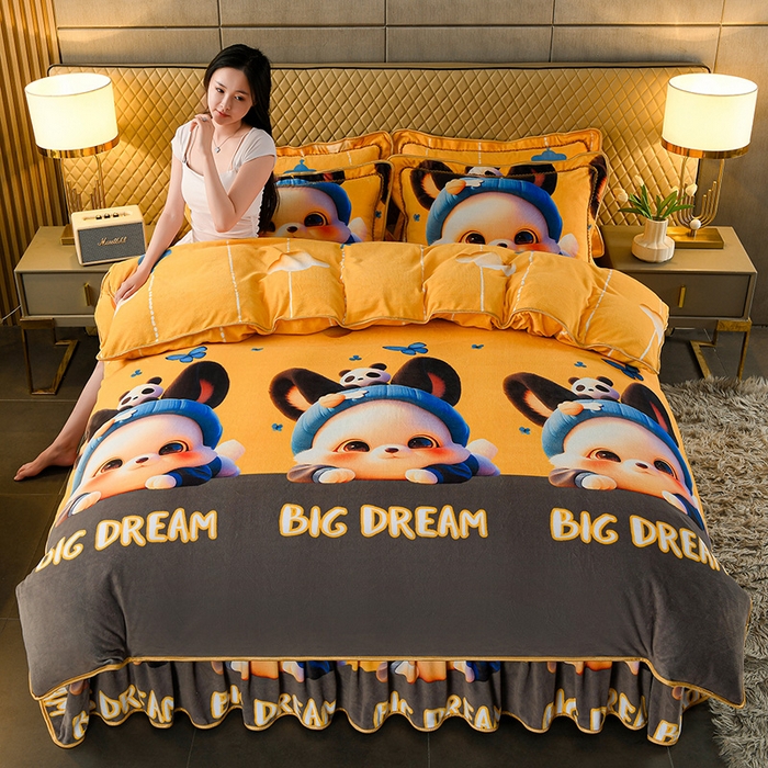 91家纺网 家纺一手货源 找家纺 牵依 2025新款牛奶绒小包边印花四件套 调皮狗