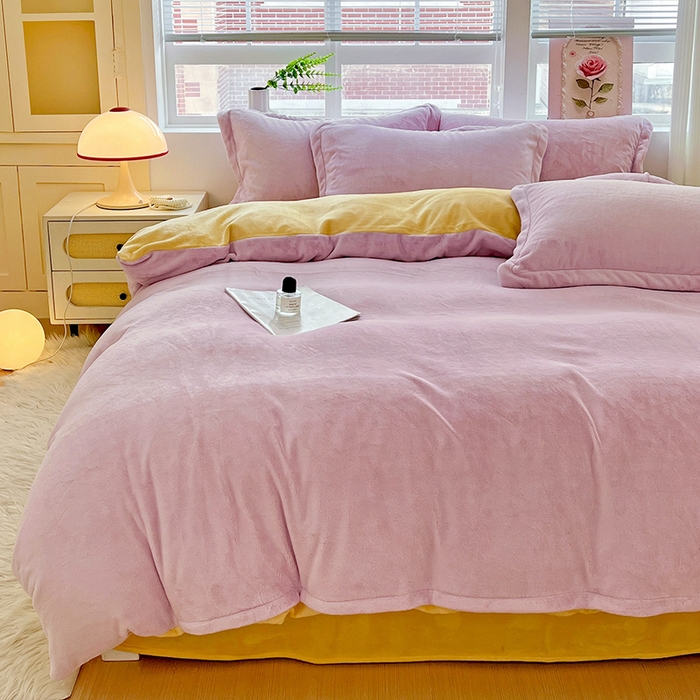 富馨莱 2025新款牛奶绒纯色双拼四件套 双拼糯紫+奶昔黄