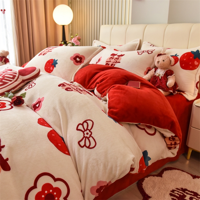 91家纺网 家纺一手货源 找家纺 曲之慕 2025新款高克重牛奶绒简约婚庆四件套 囍多多