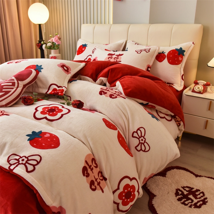 91家纺网 家纺一手货源 找家纺 曲之慕 2025新款高克重牛奶绒简约婚庆四件套 囍多多