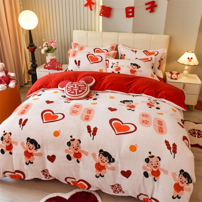 91家纺网 家纺一手货源 找家纺 曲之慕 2025新款高克重牛奶绒简约婚庆四件套 心心相印