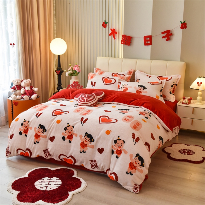 91家纺网 家纺一手货源 找家纺 曲之慕 2025新款高克重牛奶绒简约婚庆四件套 心心相印