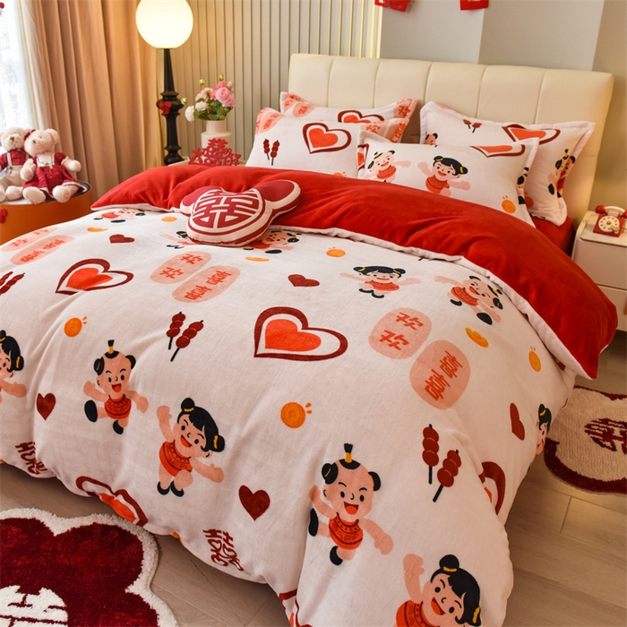 91家纺网 家纺一手货源 找家纺 曲之慕 2025新款高克重牛奶绒简约婚庆四件套 心心相印