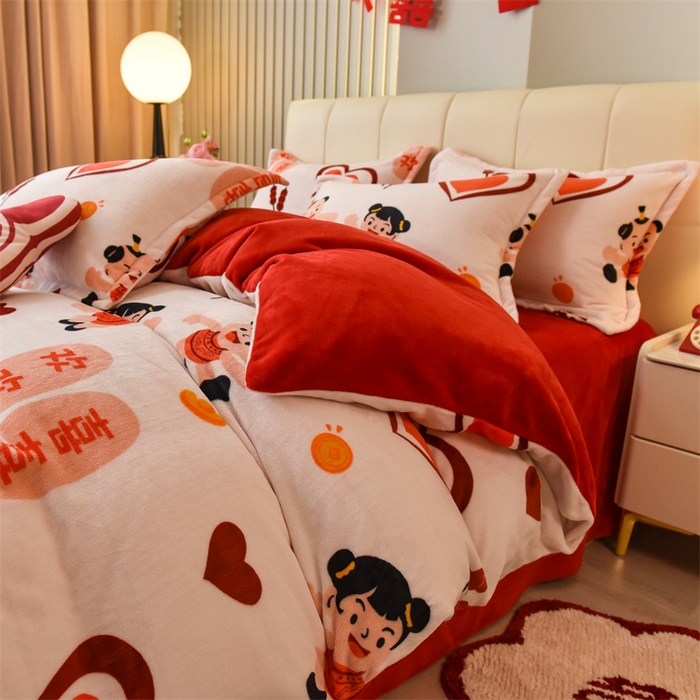 91家纺网 家纺一手货源 找家纺 曲之慕 2025新款高克重牛奶绒简约婚庆四件套 心心相印