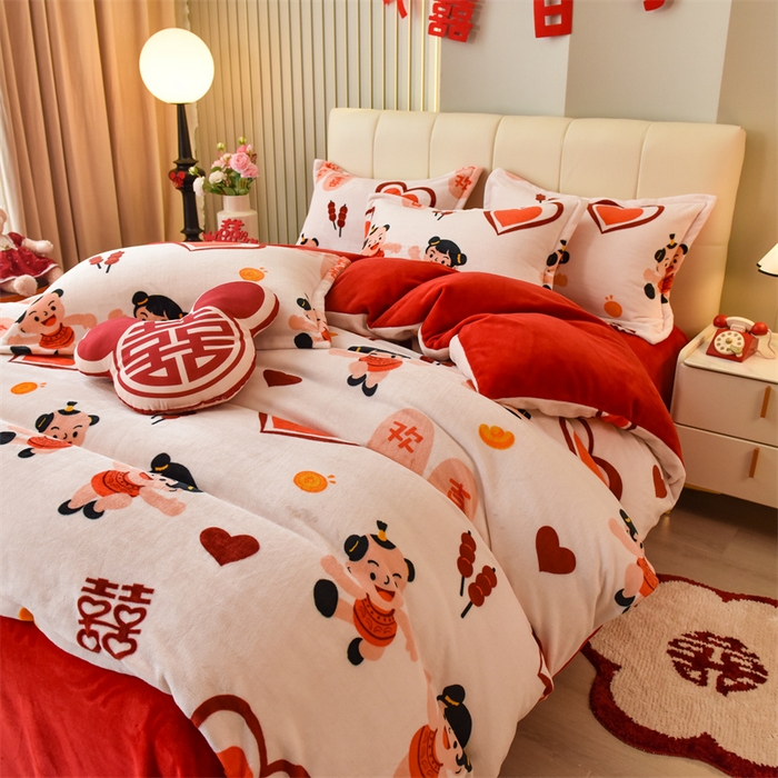 91家纺网 家纺一手货源 找家纺 曲之慕 2025新款高克重牛奶绒简约婚庆四件套 心心相印