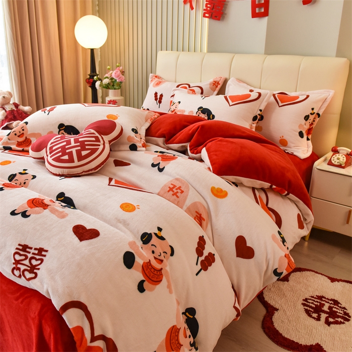 91家纺网 家纺一手货源 找家纺 曲之慕 2025新款高克重牛奶绒简约婚庆四件套 心心相印