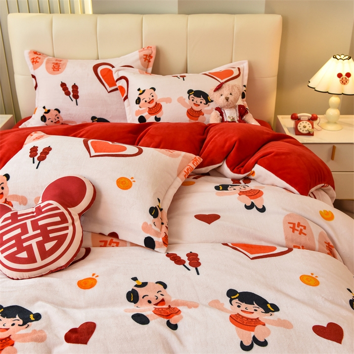 91家纺网 家纺一手货源 找家纺 曲之慕 2025新款高克重牛奶绒简约婚庆四件套 心心相印