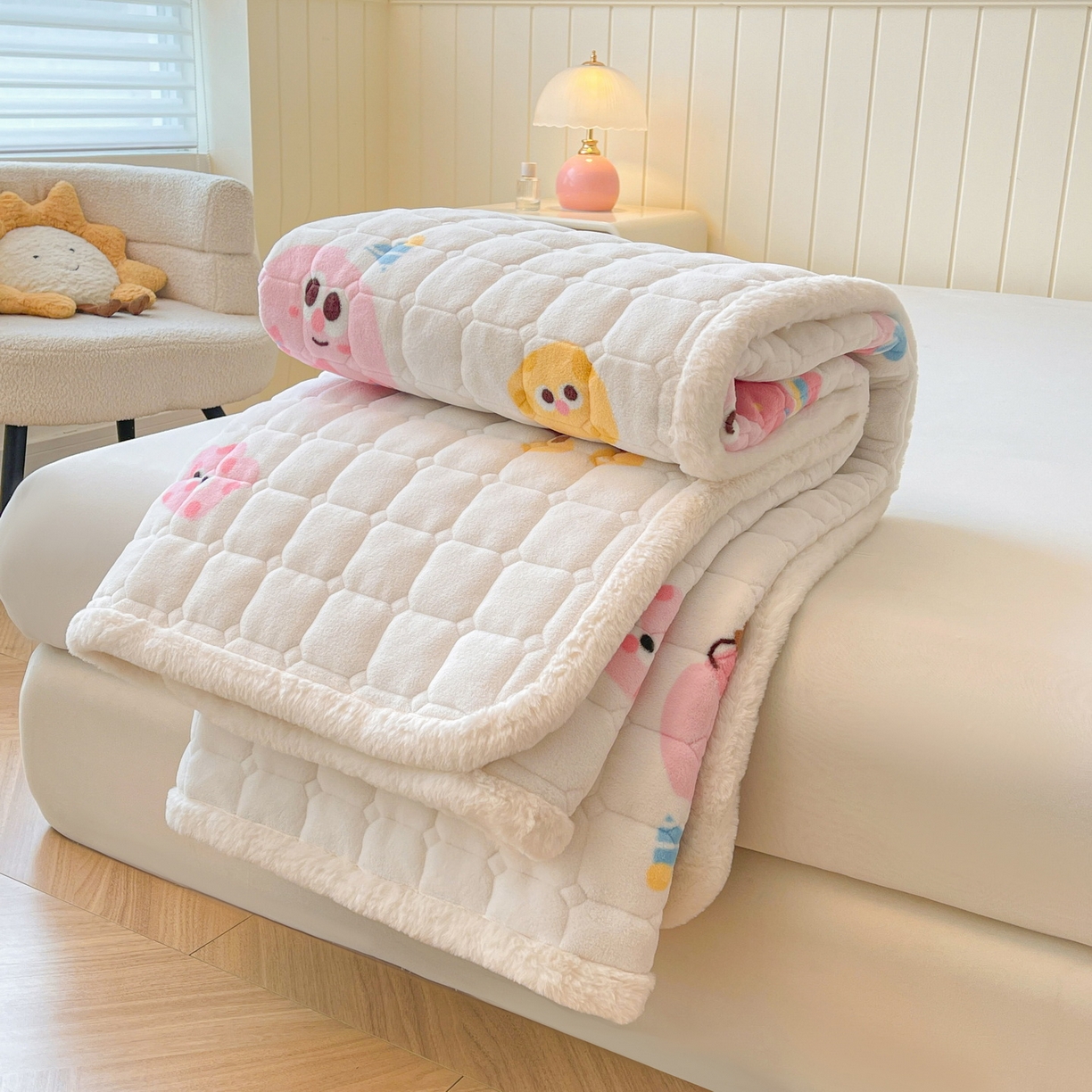 91家纺网 家纺一手货源 找家纺 LIFE.丽芙 2025秋冬新款A类牛奶绒加厚夹棉床褥垫+被套组合四件套 快乐多巴胺