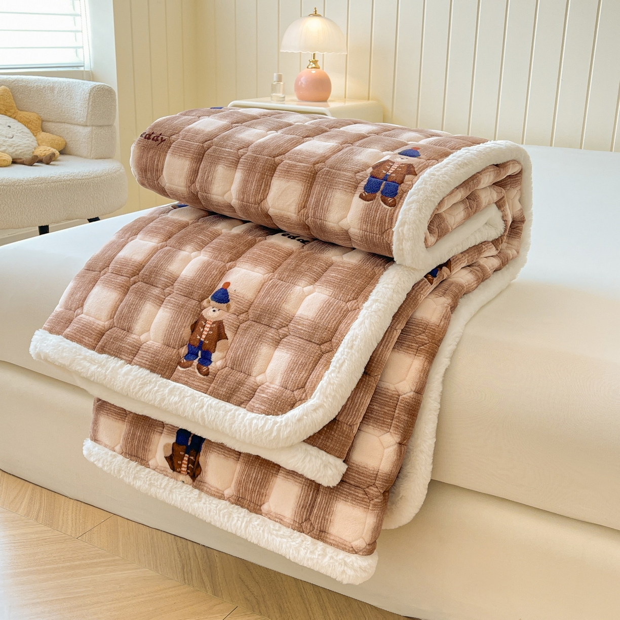 91家纺网 家纺一手货源 找家纺 LIFE.丽芙 2025秋冬新款A类牛奶绒加厚夹棉床褥垫+被套组合四件套 芭乐