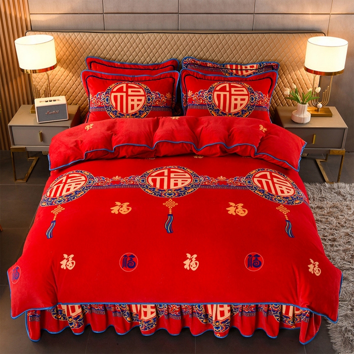 91家纺网 家纺一手货源 找家纺 牵依 2025新款牛奶绒小包边印花四件套 五福临门