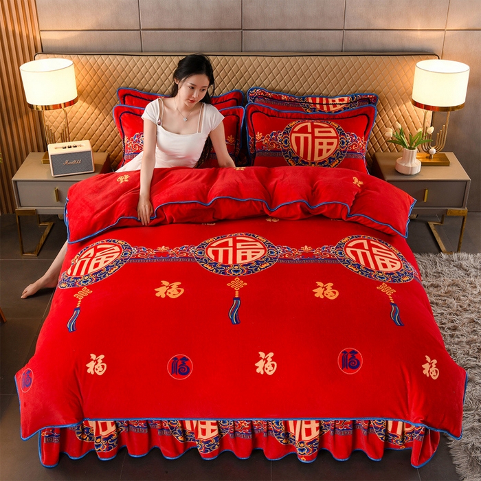 91家纺网 家纺一手货源 找家纺 牵依 2025新款牛奶绒小包边印花四件套 五福临门