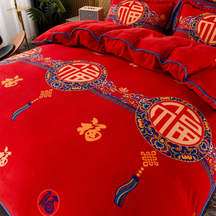 91家纺网 家纺一手货源 找家纺 牵依 2025新款牛奶绒小包边印花四件套 五福临门