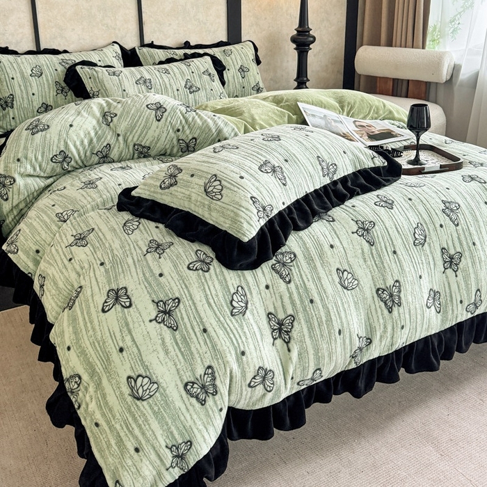 大米家居 2025新款韩版美拉德风高克重雕花牛奶绒四件套-梦蝶系列 梦蝶-绿