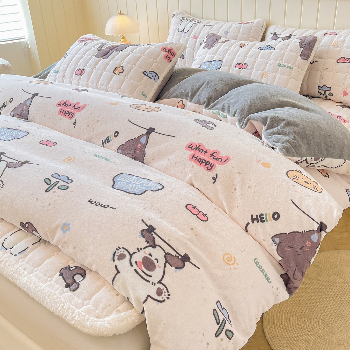 LIFE.丽芙 2025秋冬新款A类牛奶绒加厚夹棉床褥垫+被套组合四件套 萌喵酷狗