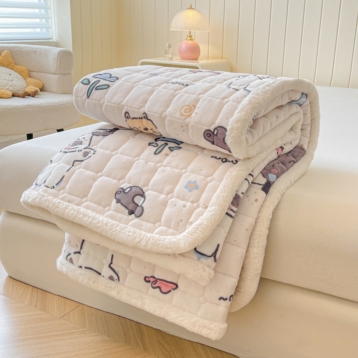 91家纺网 家纺一手货源 找家纺 LIFE.丽芙 2025秋冬新款A类牛奶绒加厚夹棉床褥垫+被套组合四件套 萌喵酷狗