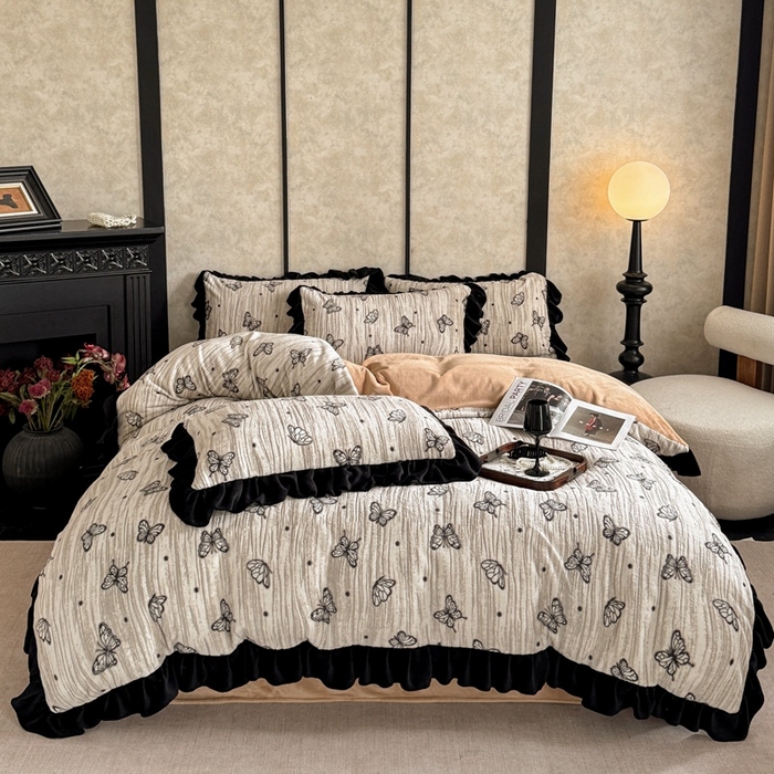 91家纺网 家纺一手货源 找家纺 大米家居 2025新款韩版美拉德风高克重雕花牛奶绒四件套-梦蝶系列 梦蝶-棕