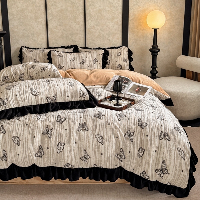 91家纺网 家纺一手货源 找家纺 大米家居 2025新款韩版美拉德风高克重雕花牛奶绒四件套-梦蝶系列 梦蝶-棕