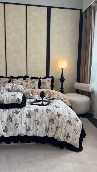 91家纺网 家纺一手货源 找家纺 大米家居 2025新款韩版美拉德风高克重雕花牛奶绒四件套-梦蝶系列 梦蝶-棕