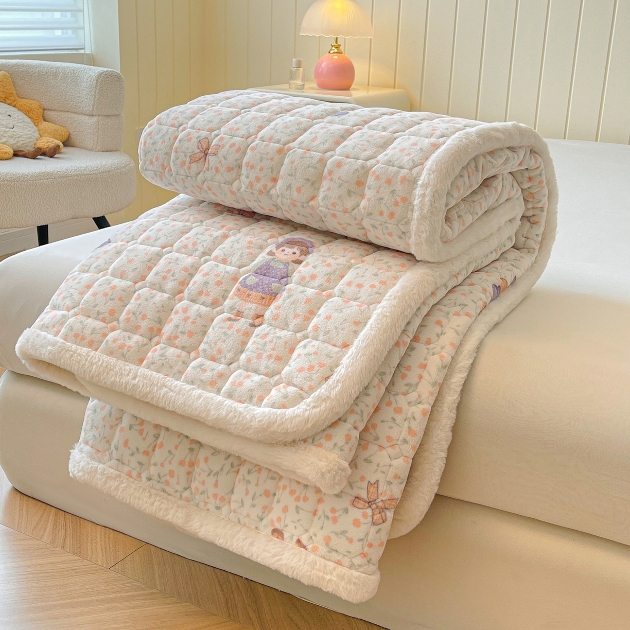 91家纺网 家纺一手货源 找家纺 LIFE.丽芙 2025秋冬新款A类牛奶绒加厚夹棉床褥垫+被套组合四件套 甜美女孩