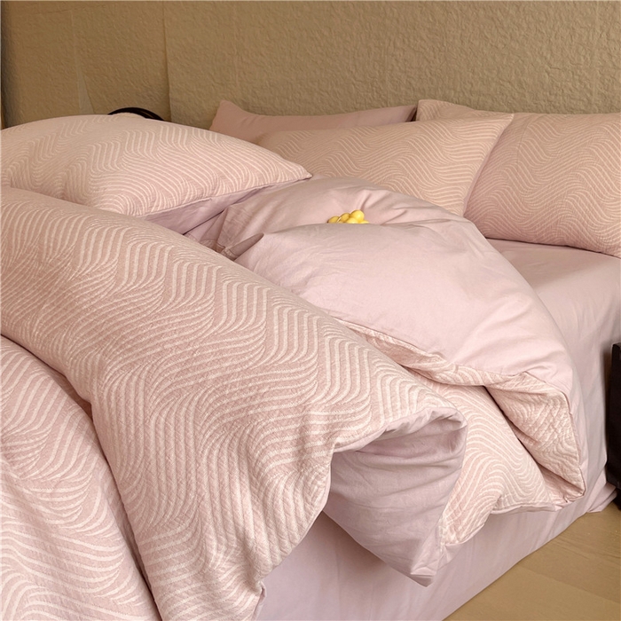 琪格格纺织 2025新款全棉纯棉轻奢肌理感简约大提花加厚磨毛四件套 纳兰-粉玉