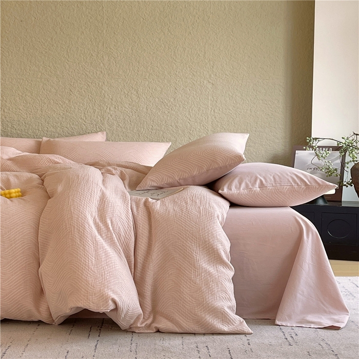 91家纺网 家纺一手货源 找家纺 琪格格纺织 2025新款全棉纯棉轻奢肌理感简约大提花加厚磨毛四件套 纳兰-粉玉