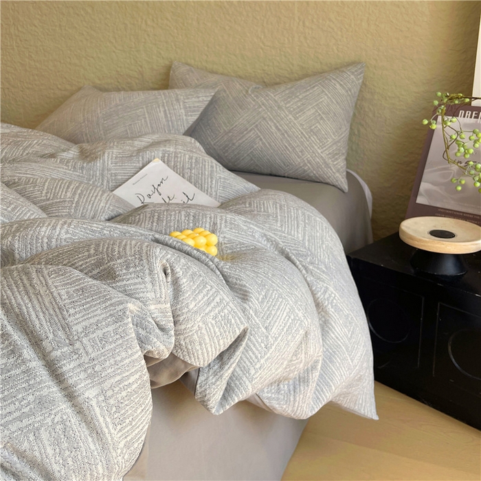 91家纺网 家纺一手货源 找家纺 琪格格纺织 2025新款全棉纯棉轻奢肌理感简约大提花加厚磨毛四件套 简雅-浅灰